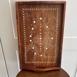 Wood Serving Tray with White Floral Inlay